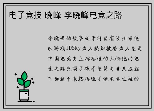 电子竞技 晓峰 李晓峰电竞之路